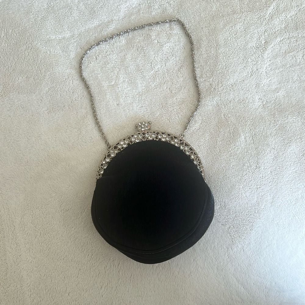 VINTAGE-look black shimmer satin purse ornate chain & kiss lock evening pouch